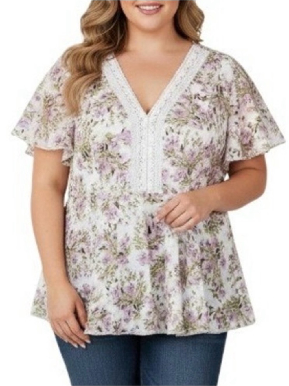 torrid White & Lavender Floral V‑Neck Tunic with Lace Trim